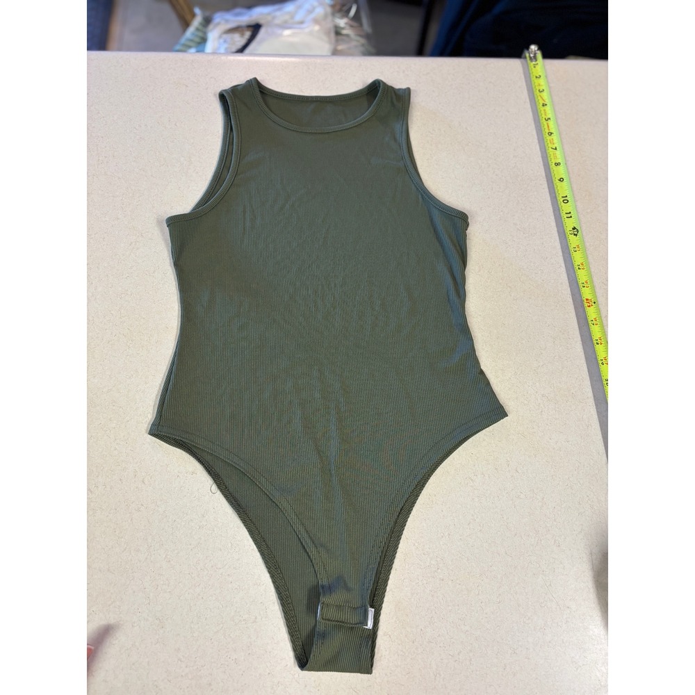 Olive Green Ribbed Sleeveless Bodysuit Crew Neck Snap Closure Tank Top